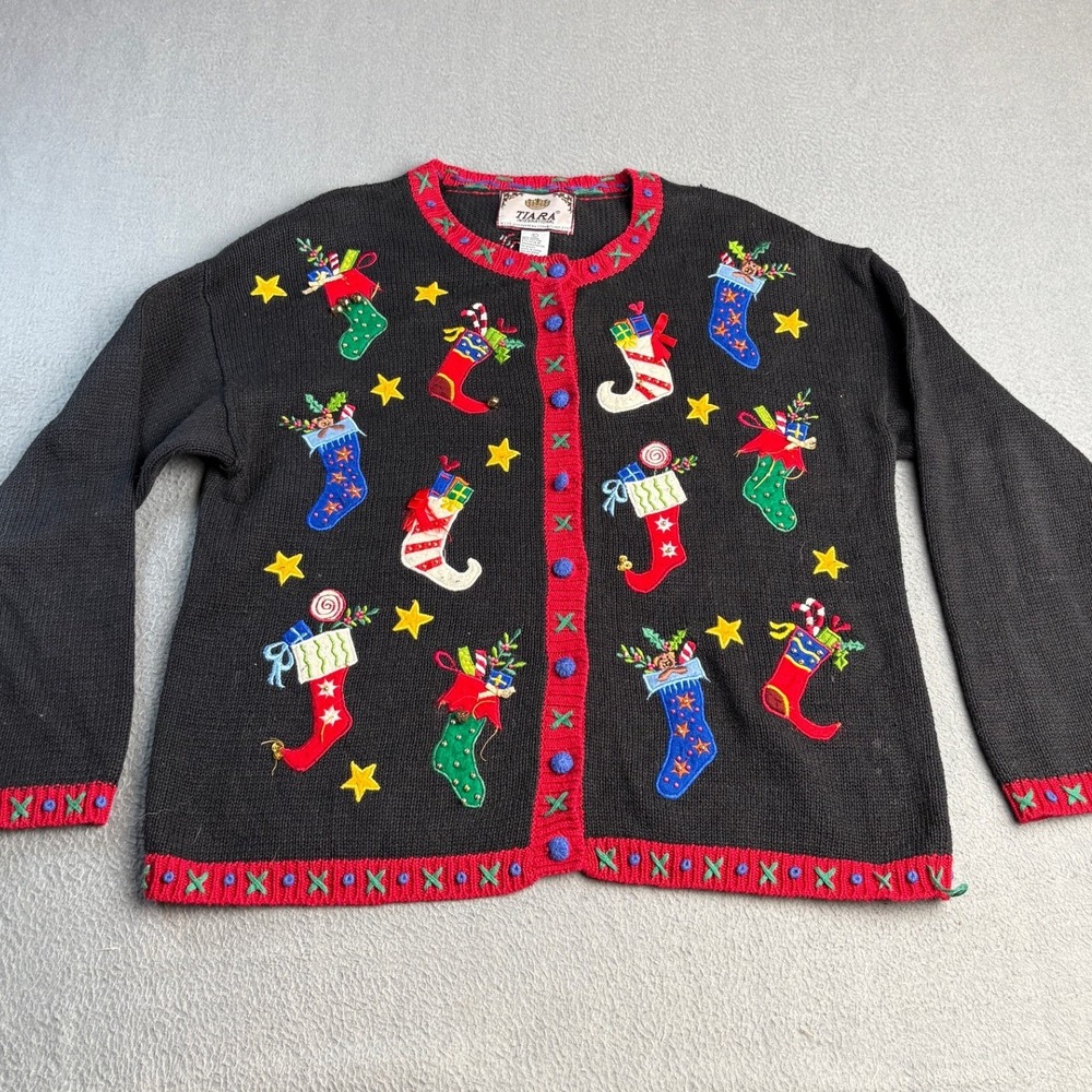 Tiara International Vintage Christmas Stocking Cardigan Sweater Black Large